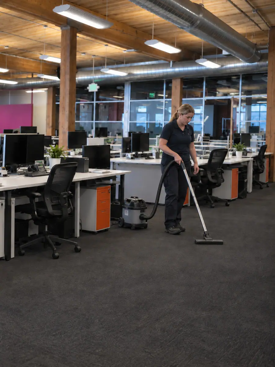 Nettoyage de la moquette d'un open space, aspirateur en action